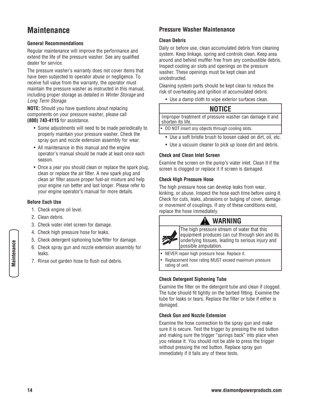 Diamond Power Products 3100 Psi manual Pressure Washer Maintenance 