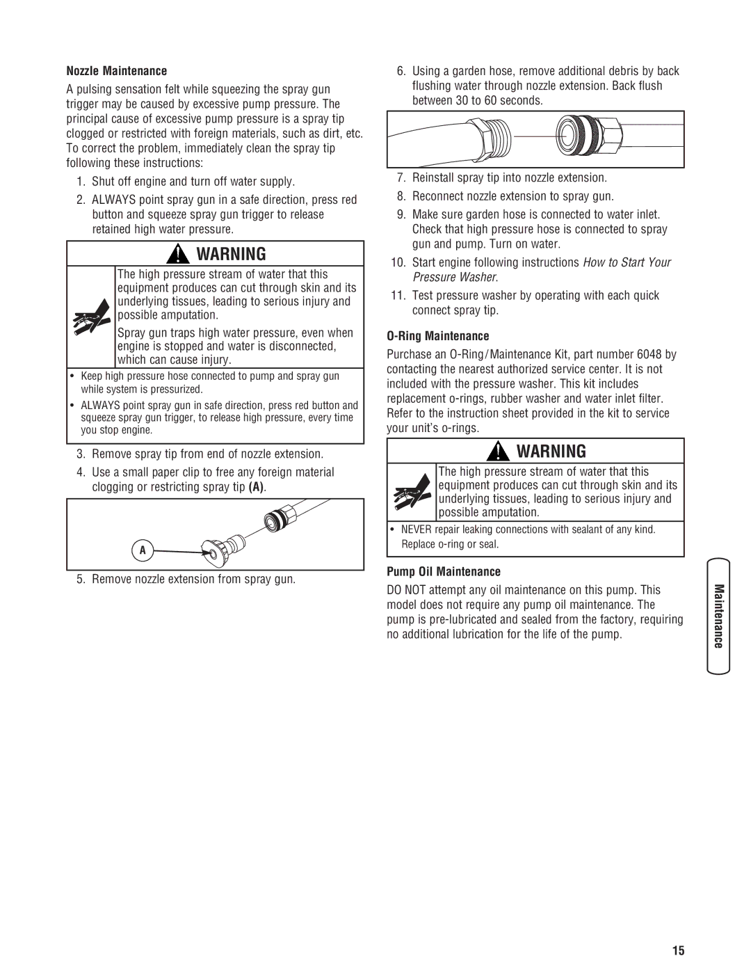 Diamond Power Products 3100 Psi manual Nozzle Maintenance, Ring Maintenance, Pump Oil Maintenance 