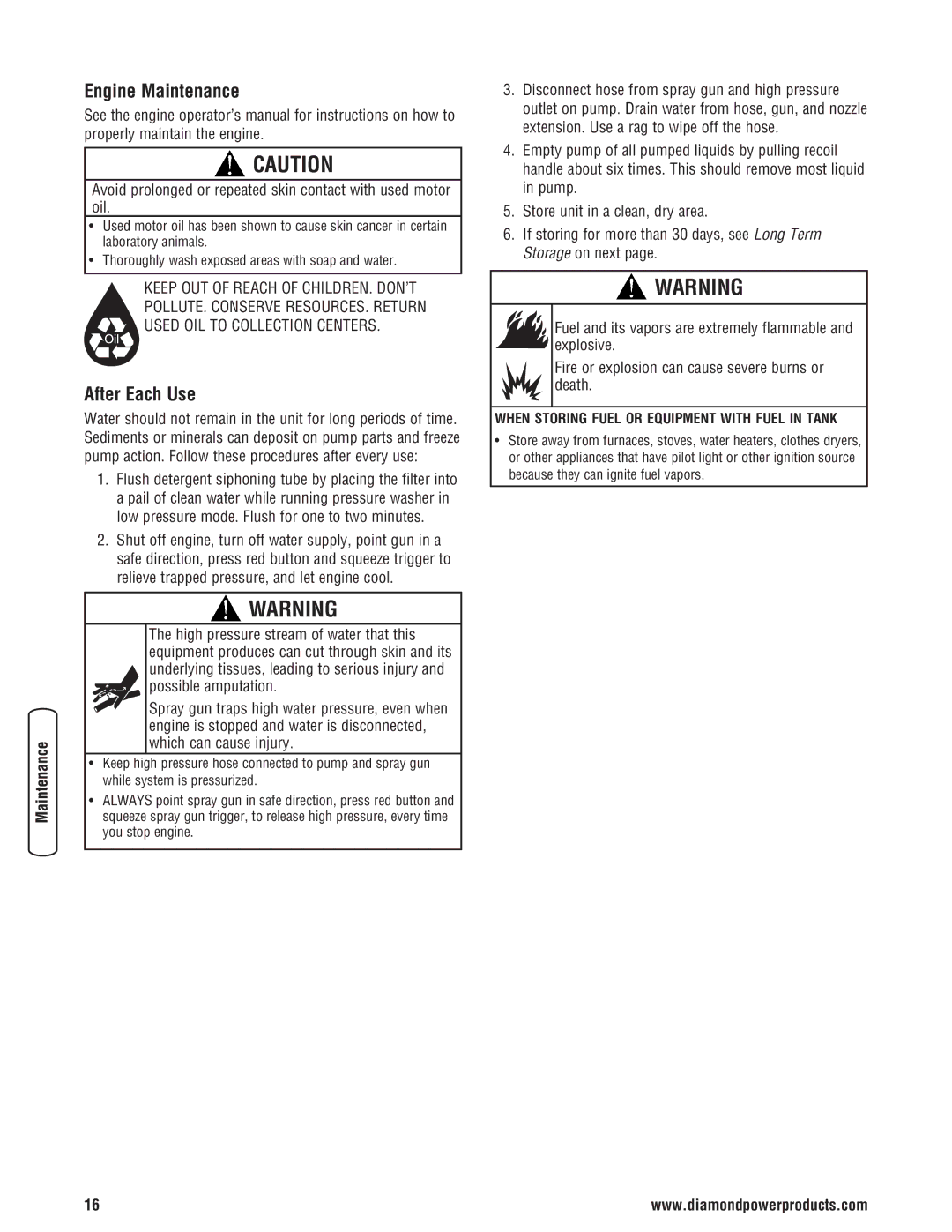 Diamond Power Products 3100 Psi manual Engine Maintenance, After Each Use 
