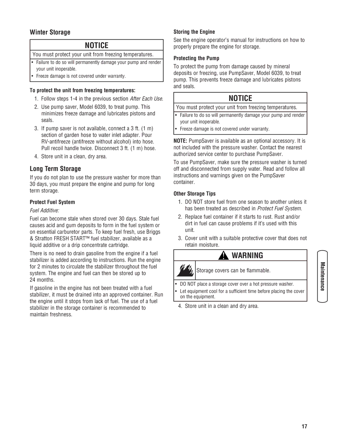 Diamond Power Products 3100 Psi manual Winter Storage, Long Term Storage 