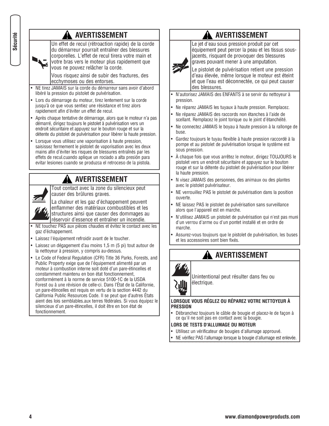 Diamond Power Products 3100 Psi manual Unintentional peut résulter dans feu ou électrique 