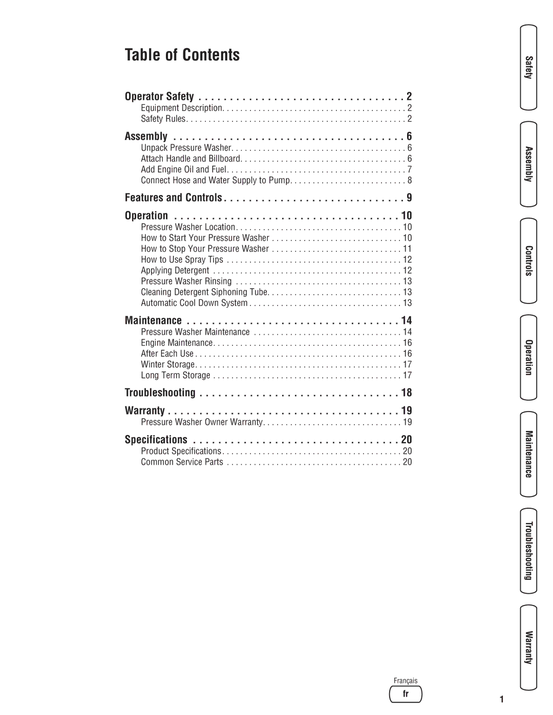 Diamond Power Products 3100 Psi manual Table of Contents 