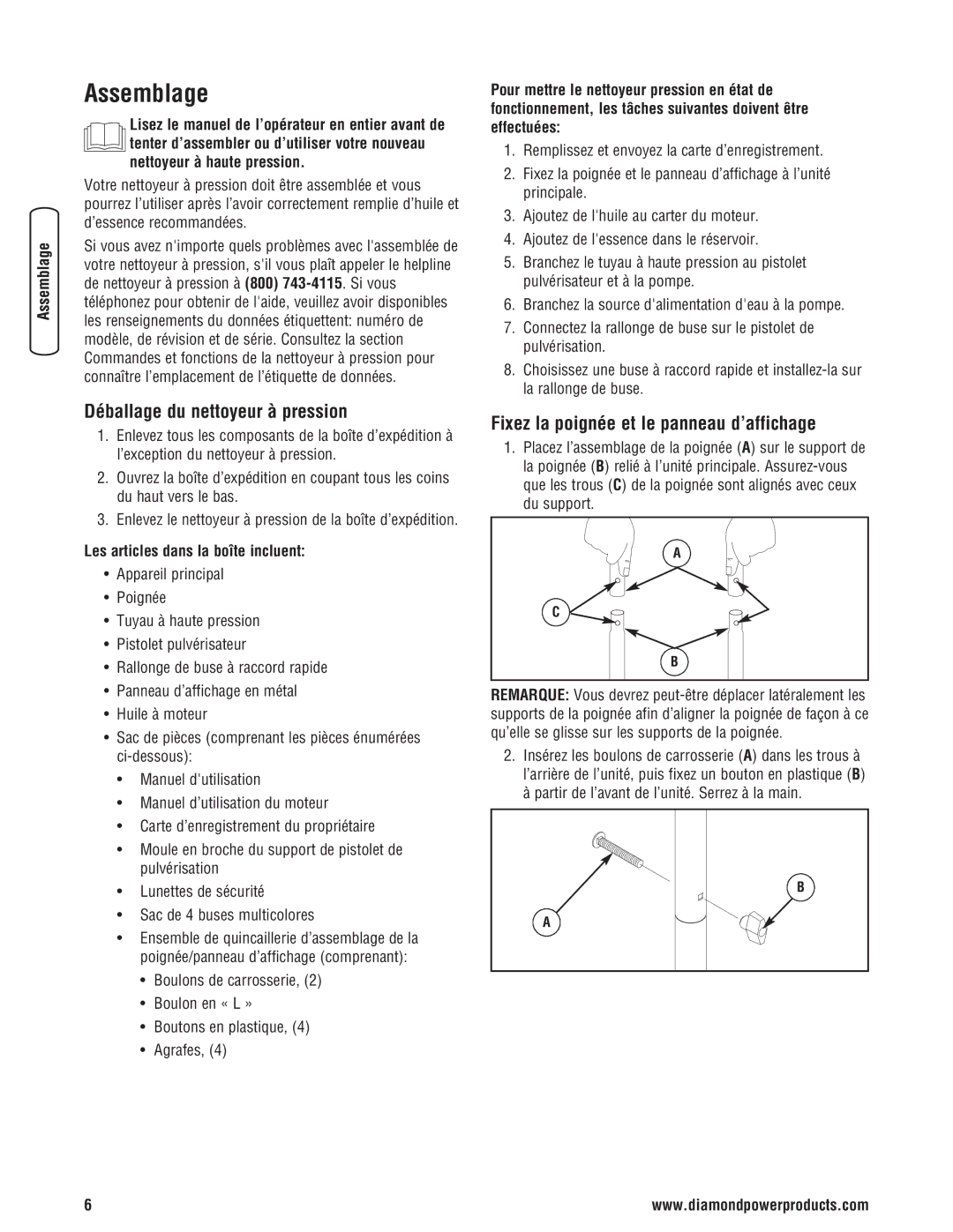 Diamond Power Products 3100 Psi Assemblage, Déballage du nettoyeur à pression, Fixez la poignée et le panneau d’affichage 