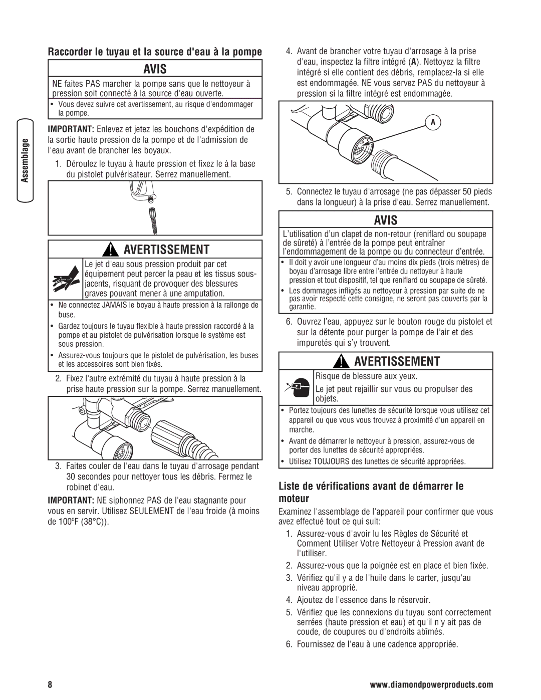 Diamond Power Products 3100 Psi manual Liste de vérifications avant de démarrer le moteur 