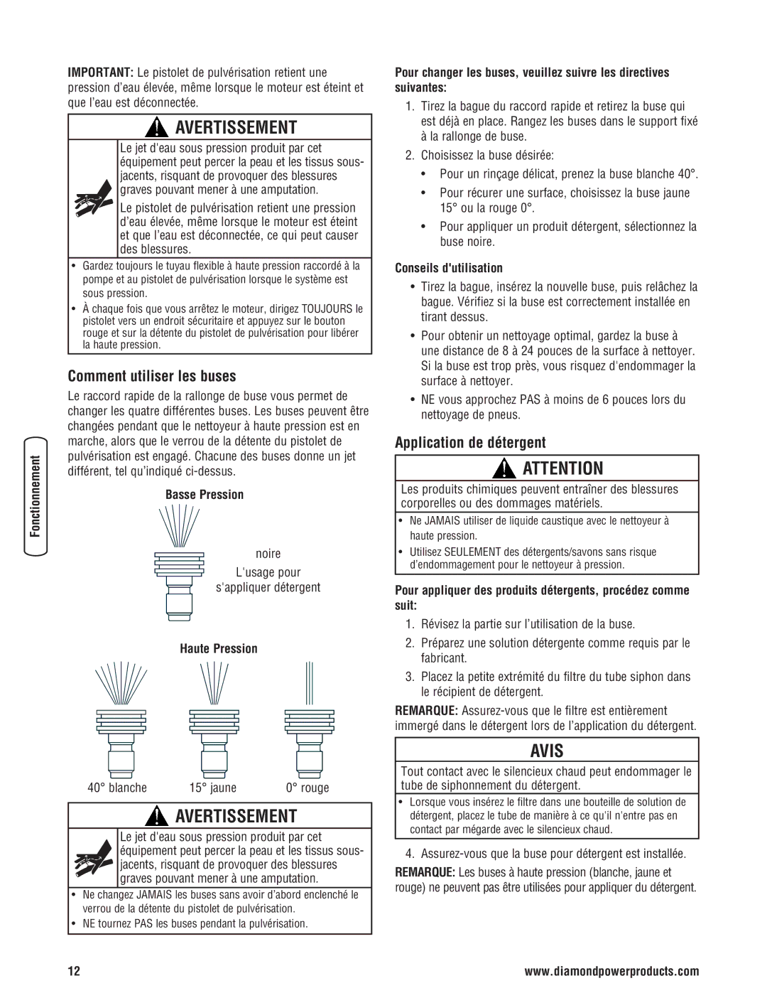 Diamond Power Products 3100 Psi manual Comment utiliser les buses, Application de détergent 