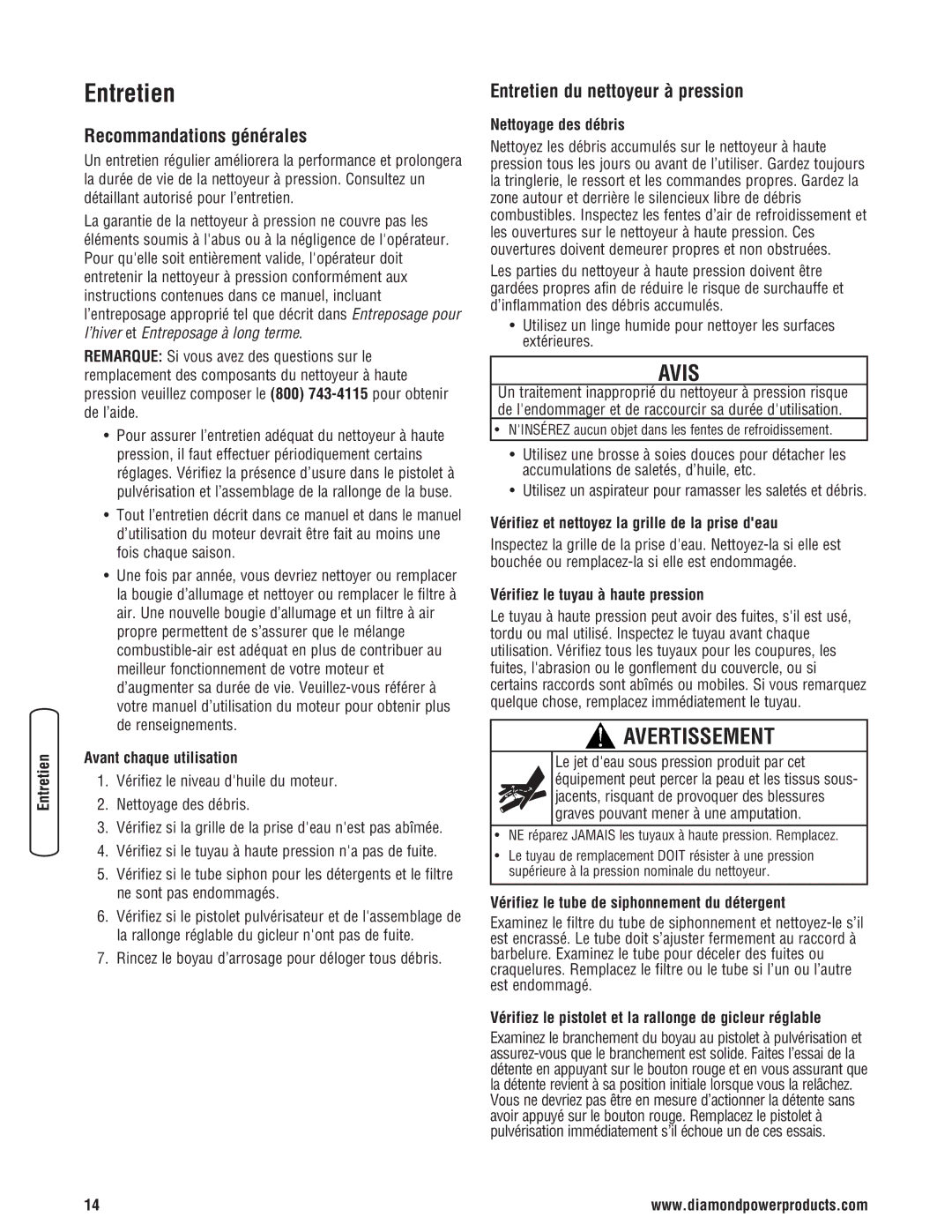 Diamond Power Products 3100 Psi manual Recommandations générales, Entretien du nettoyeur à pression 