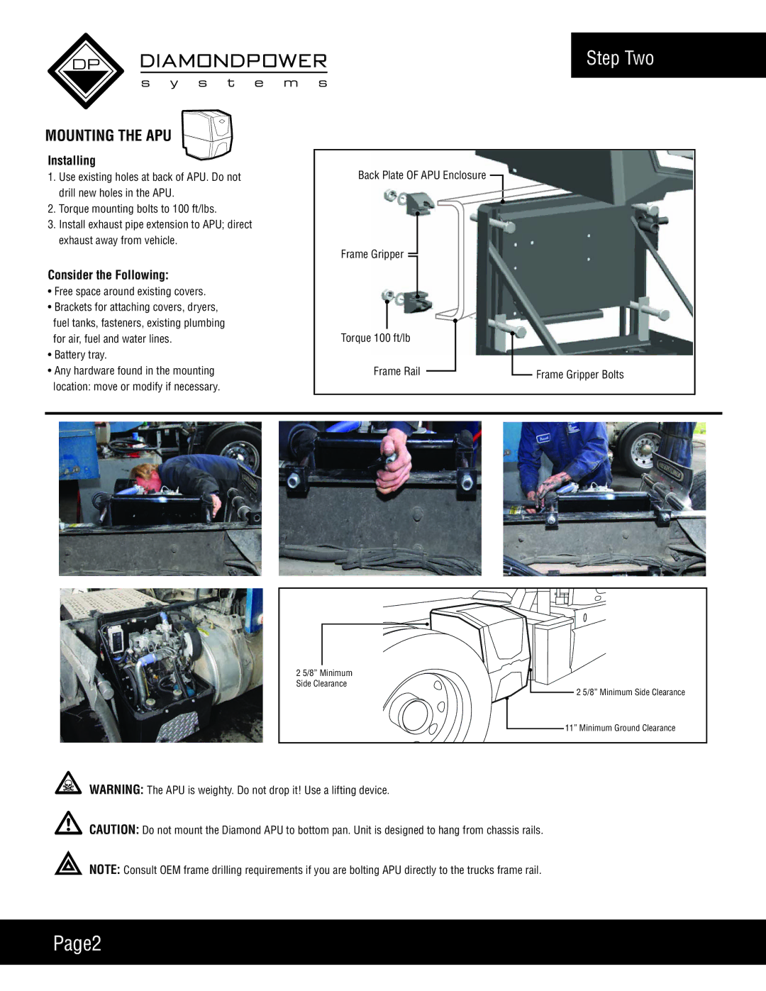 Diamond Power Products DPS6500 manual Page2, Step Two, Mounting the APU, Installing, Consider the Following 