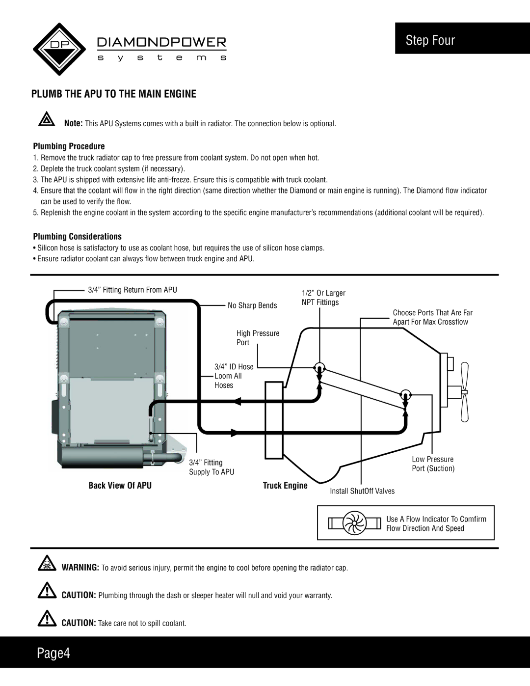 Diamond Power Products DPS6500 manual Page4, Step Four, Plumb the APU to the Main Engine 