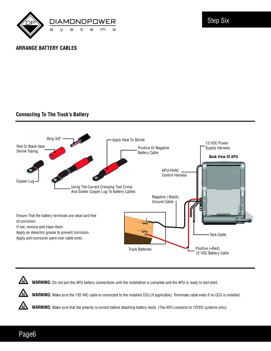 Diamond Power Products DPS6500 manual Page6, Step Six, Arrange Battery Cables 