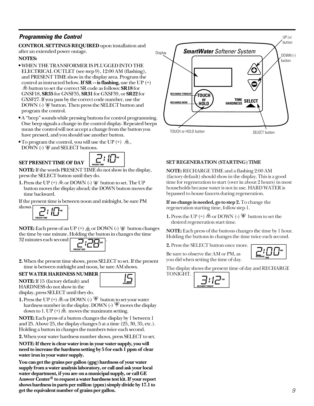 Diamond Power Products GXSF27B, GXSF39B, GNSF18Z01, GNSF35Z01 Programming the Control, SmartWater Softener System 