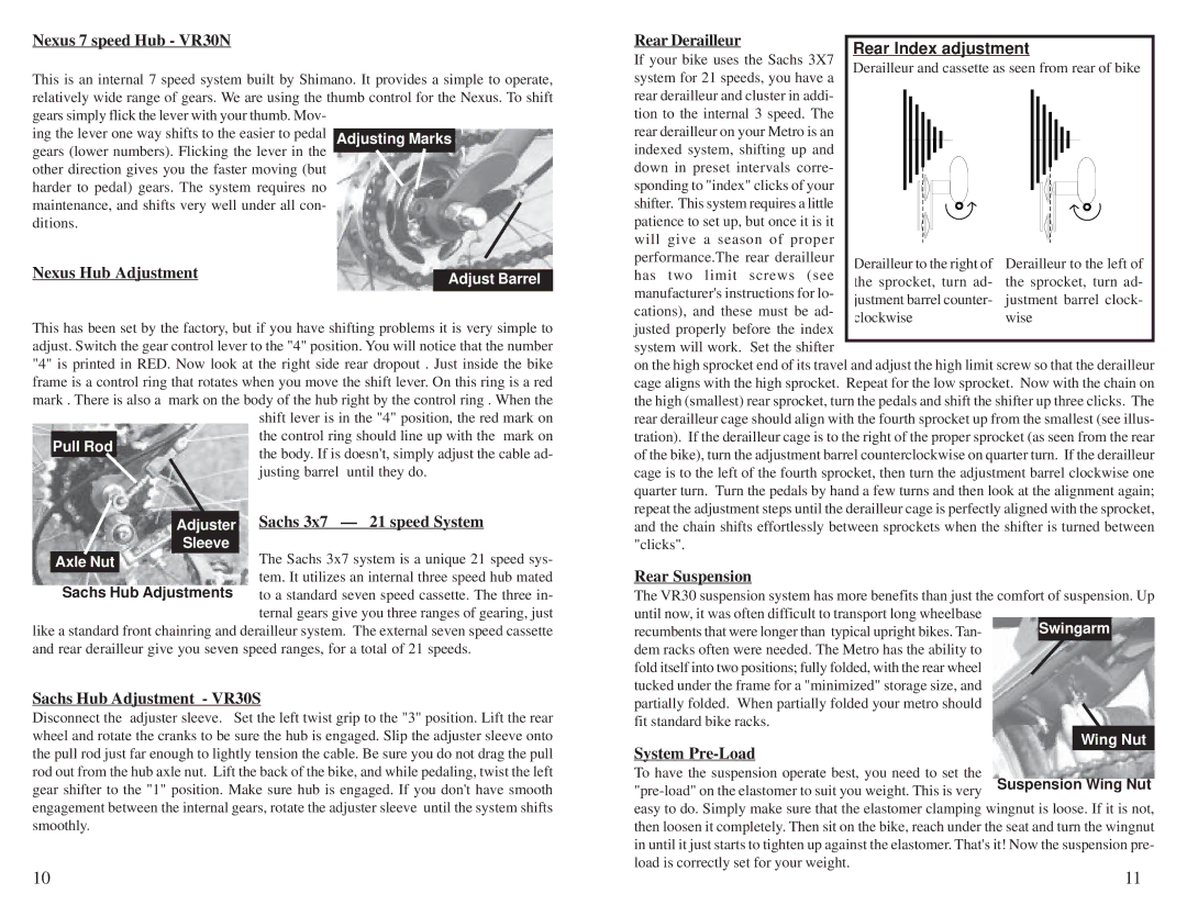 Diamond Power Products R30ST, R30NT owner manual Nexus 7 speed Hub VR30N, Nexus Hub Adjustment, Sachs 3x7 21 speed System 