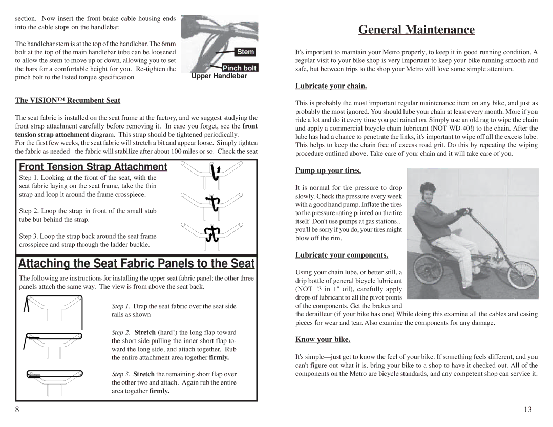 Diamond Power Products R30ST, R30NT owner manual General Maintenance, Attaching the Seat Fabric Panels to the Seat 