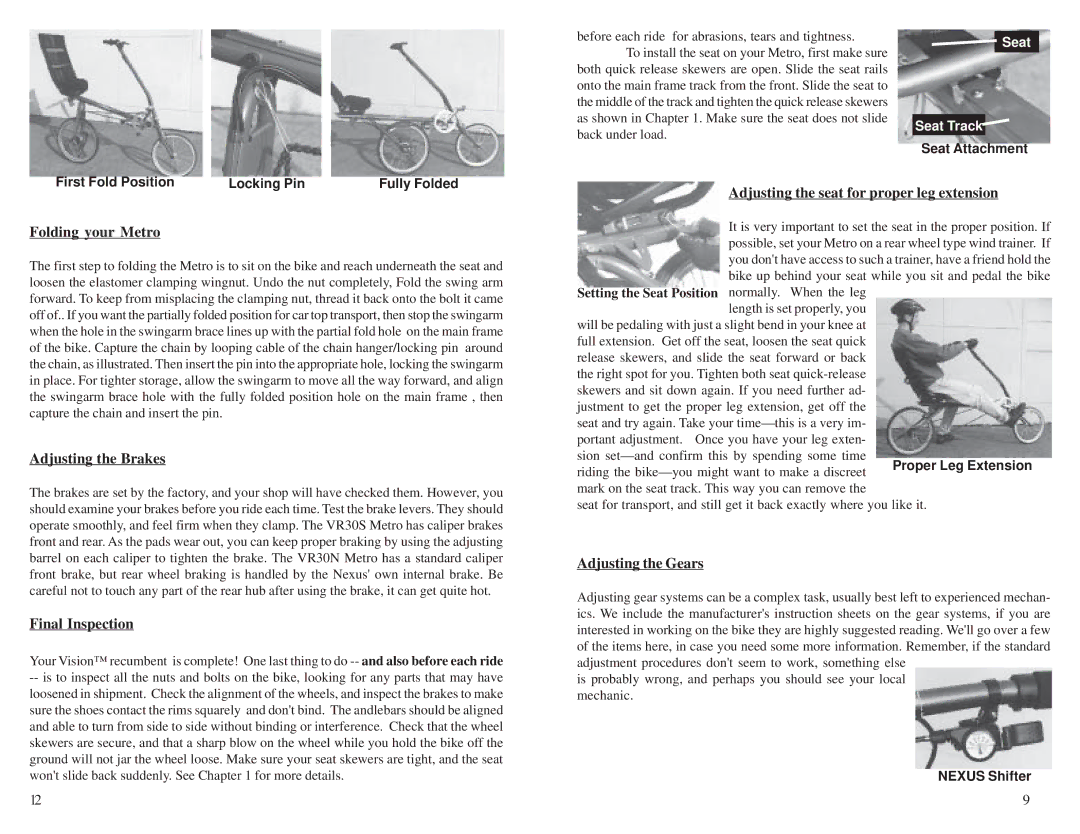 Diamond Power Products R30NT, R30ST Folding your Metro, Adjusting the Brakes, Final Inspection, Adjusting the Gears 