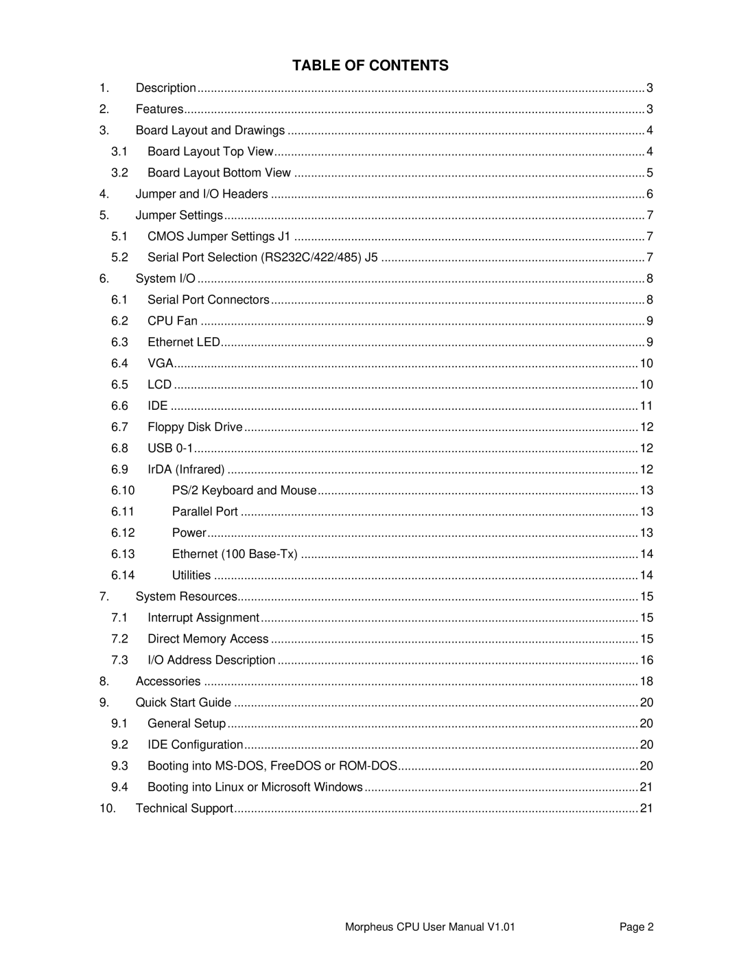 Diamond Systems 1.01, High INtegration PC/104 Celeron CPU with Ethernet user manual Table of Contents 