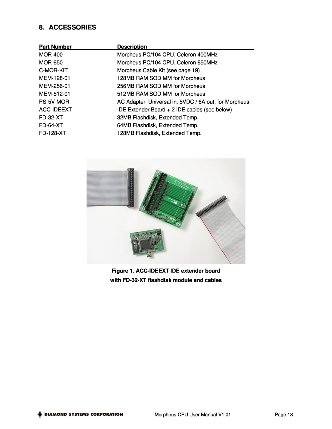 Diamond Systems 1.01, High INtegration PC/104 Celeron CPU with Ethernet user manual Accessories, Part Number, Description 