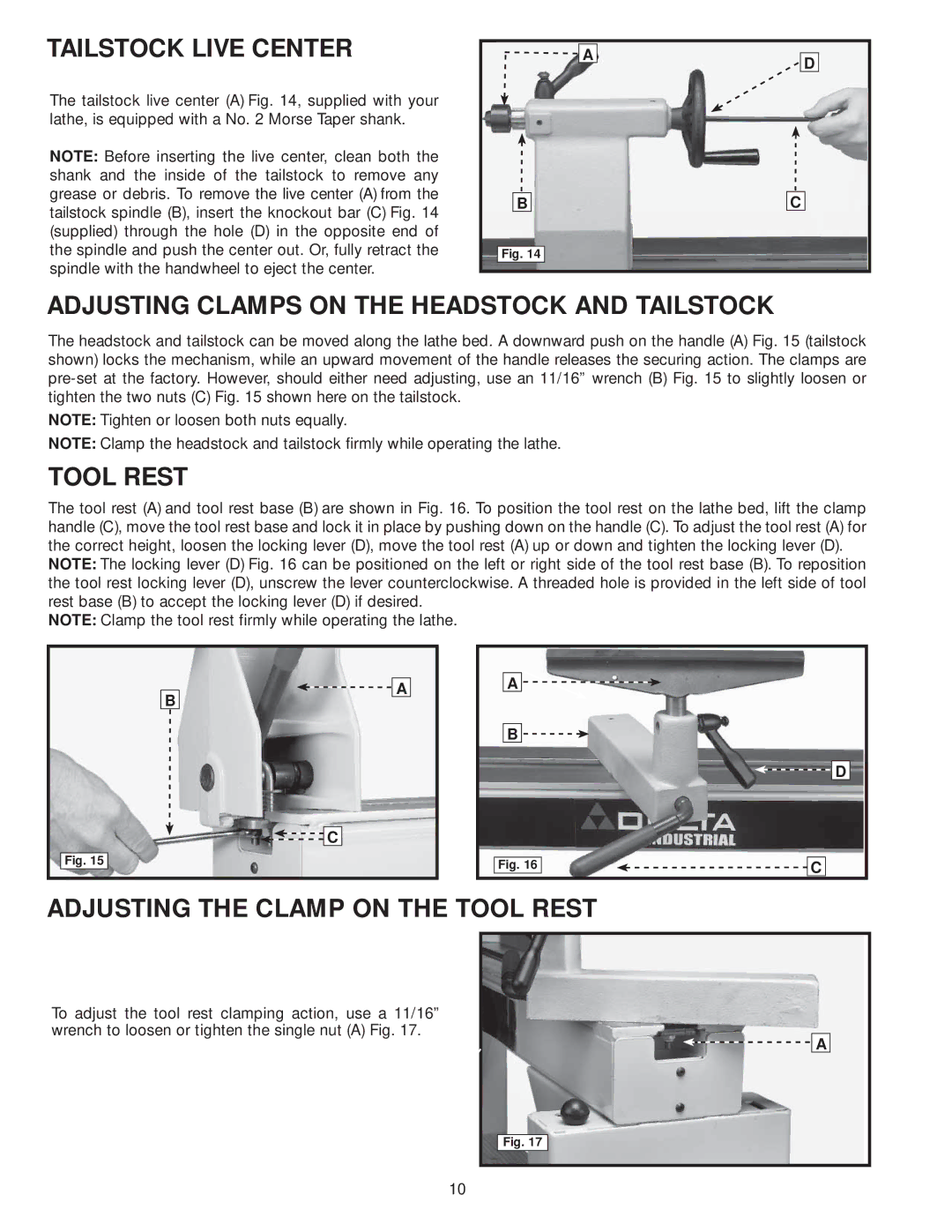 Diamond Systems 46-756 instruction manual Tailstock Live Center, Adjusting Clamps on the Headstock and Tailstock, Tool Rest 