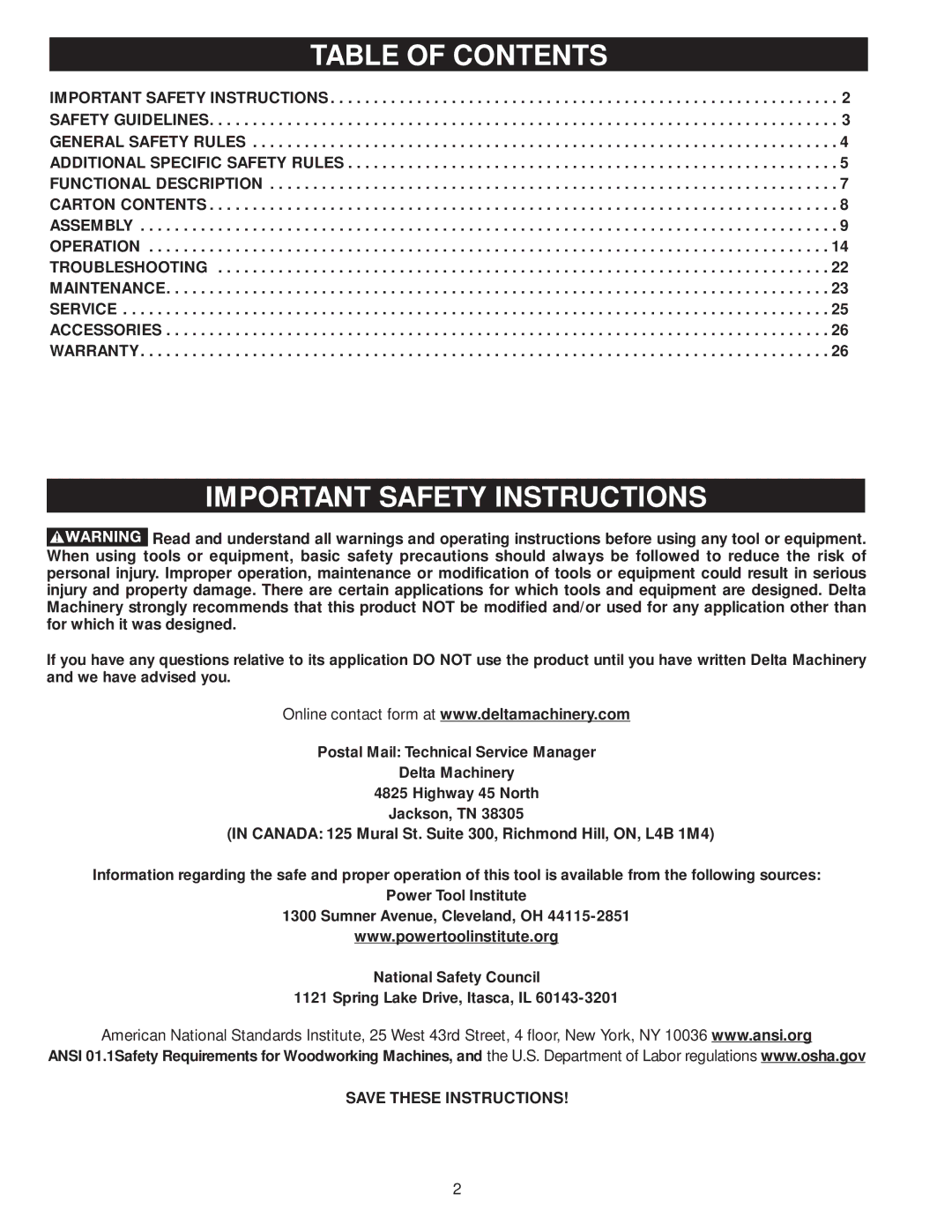 Diamond Systems 46-756 instruction manual Table of Contents, Important Safety Instructions 