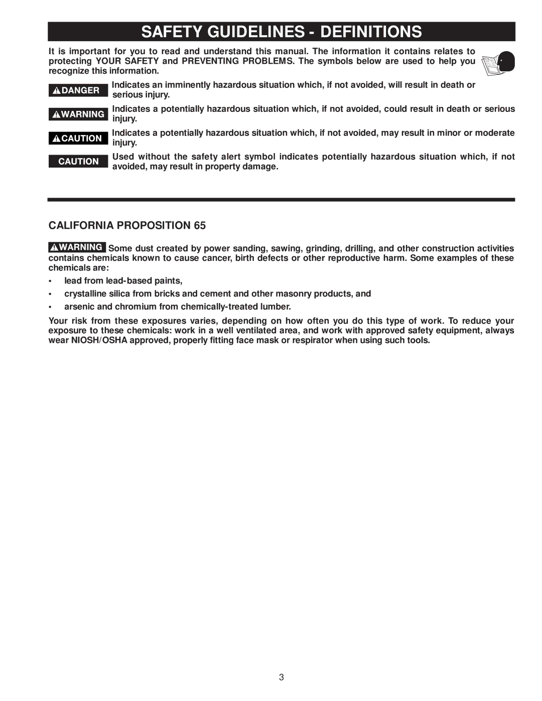 Diamond Systems 46-756 instruction manual Safety Guidelines Definitions, California Proposition 