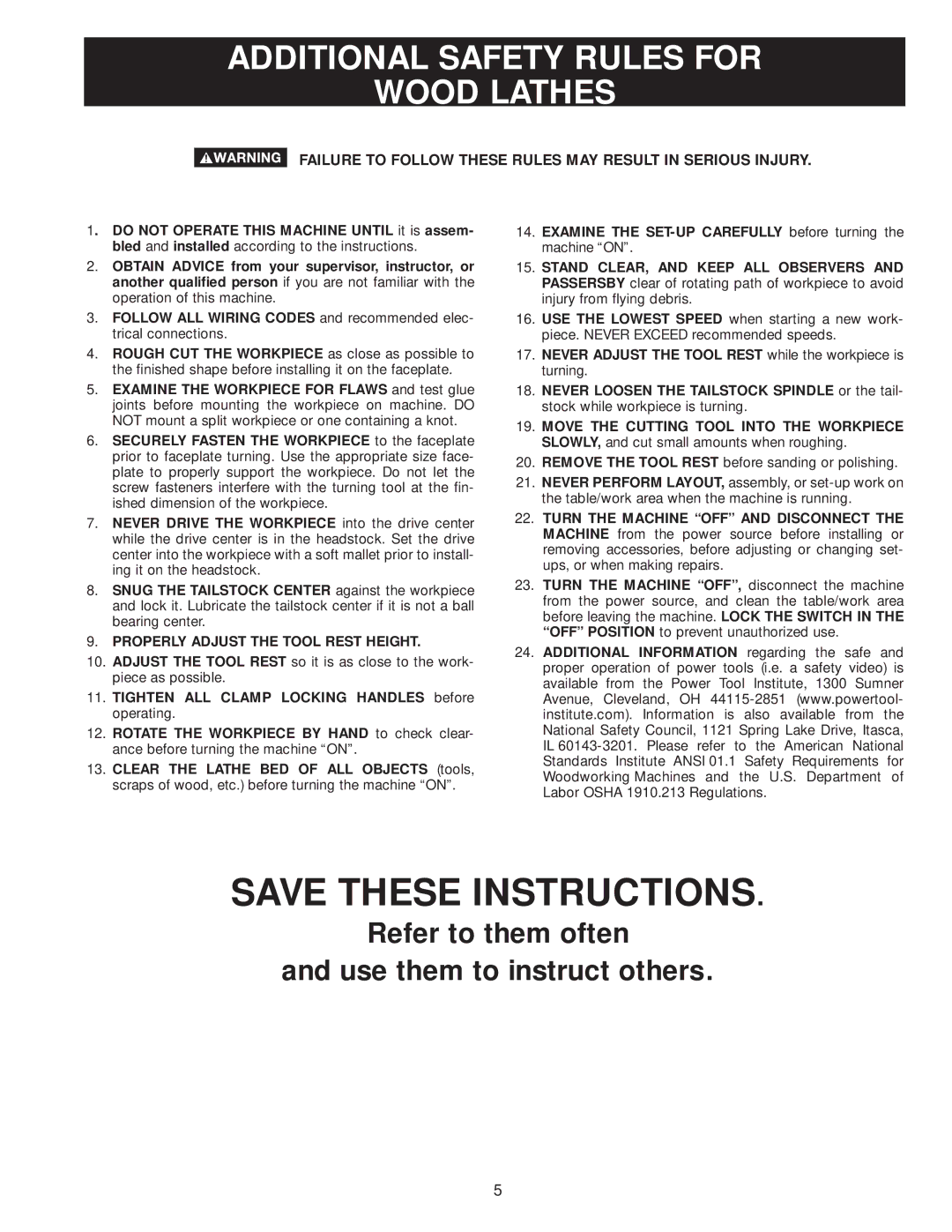 Diamond Systems 46-756 instruction manual Additional Safety Rules for Wood Lathes 