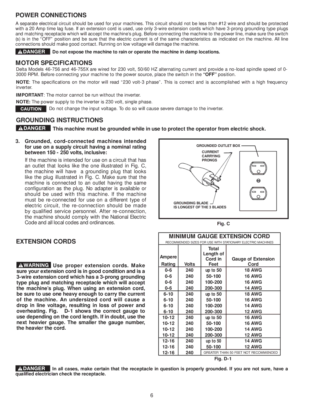 Diamond Systems 46-756 instruction manual Power Connections, Motor Specifications, Grounding Instructions, Extension Cords 