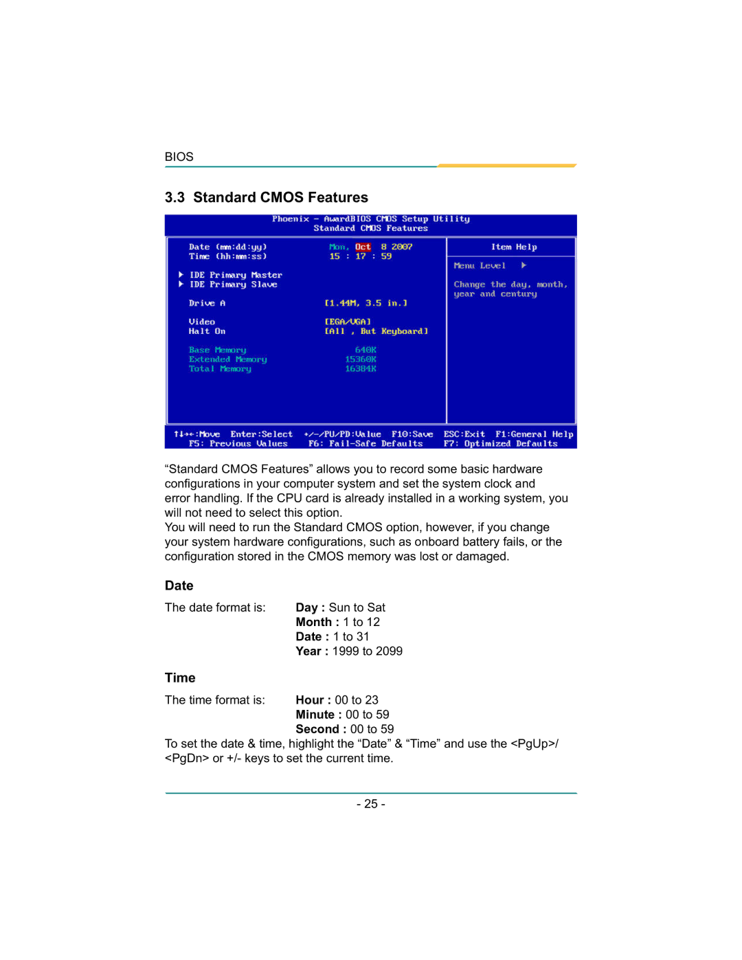 Diamond Systems LX800 PC/104 user manual Standard Cmos Features, Date, Time 