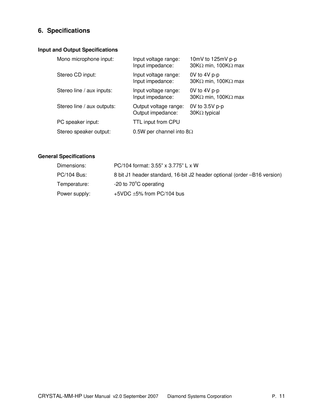 Diamond Systems MM-HP user manual Input and Output Specifications, General Specifications 