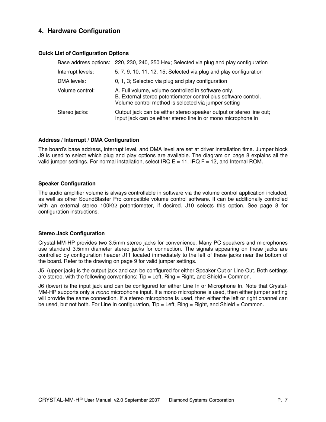 Diamond Systems MM-HP Hardware Configuration, Quick List of Configuration Options, Address / Interrupt / DMA Configuration 