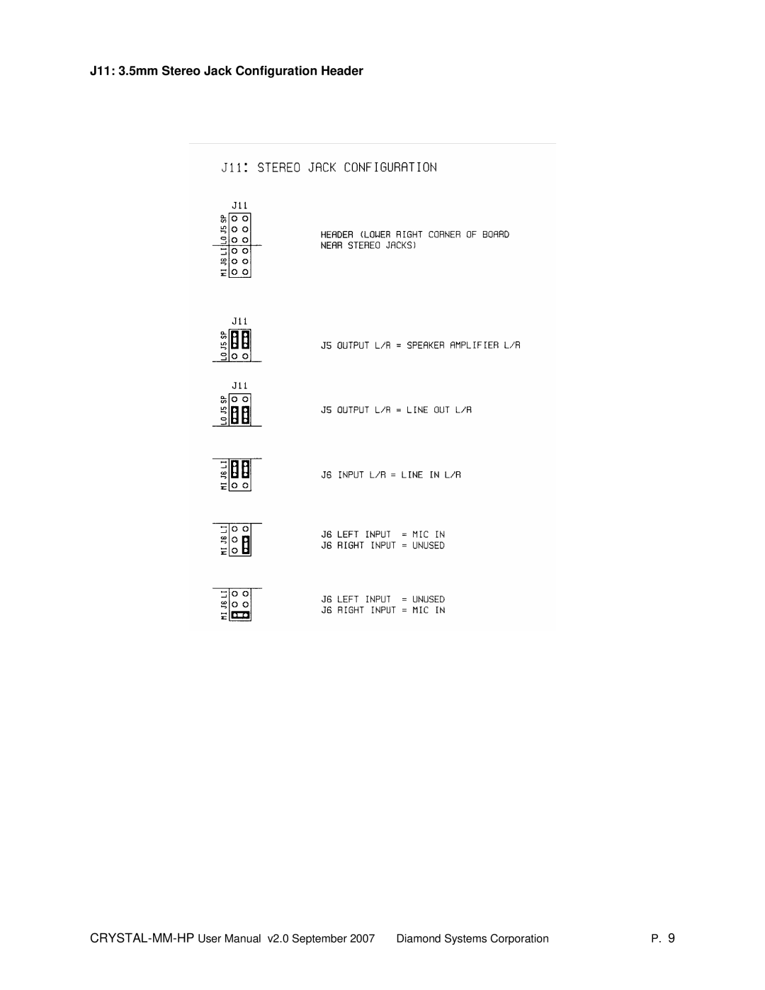 Diamond Systems MM-HP user manual J11 3.5mm Stereo Jack Configuration Header 