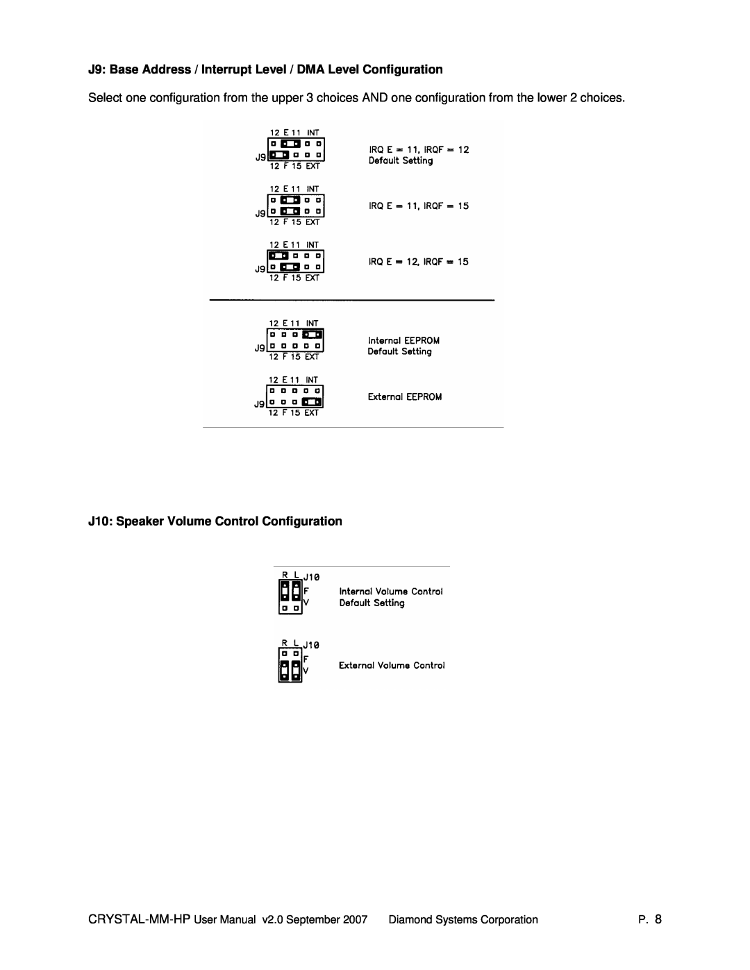 Diamond Systems MM-HP user manual J9 Base Address / Interrupt Level / DMA Level Configuration 