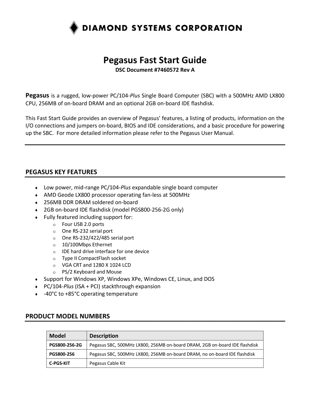 Diamond Systems C-PGS-KIT, PGS8002562G manual Pegasus KEY Features, Product Model Numbers, DSC Document #7460572 Rev a 