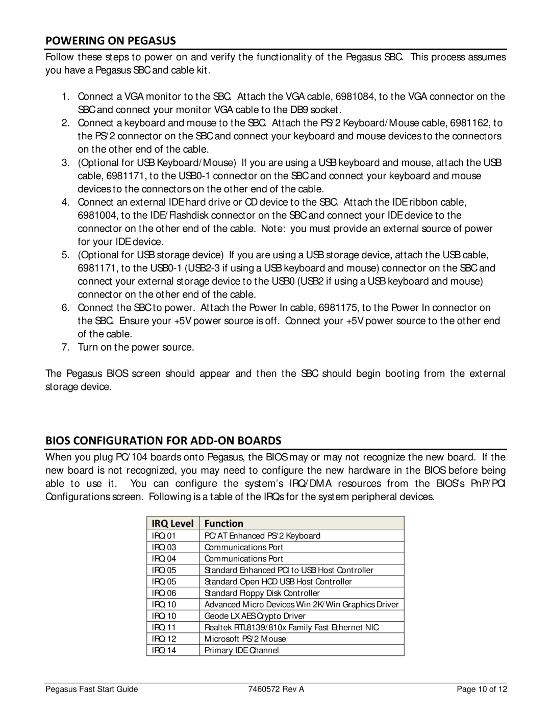 Diamond Systems C-PGS-KIT, PGS8002562G manual Powering on Pegasus, Bios Configuration for ADD‐ON Boards, IRQ Level Function 