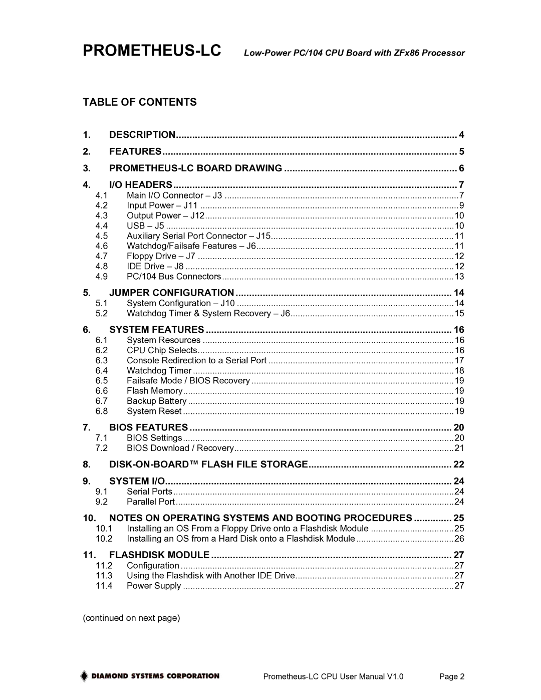 Diamond Systems PR-Z16-LC-ST, Low-Power PC/104 CPU Board With ZFx86 Processor user manual Table of Contents 