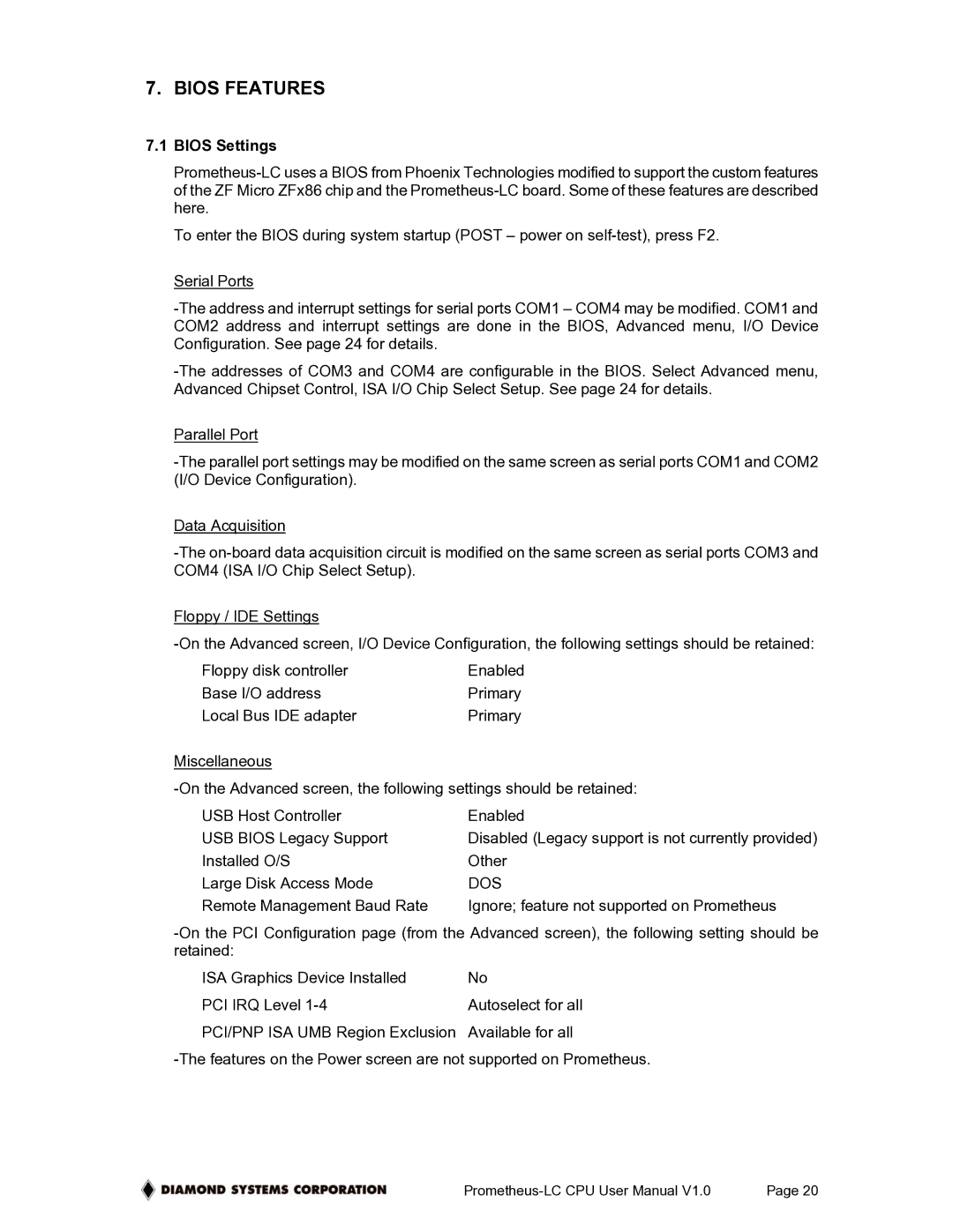 Diamond Systems PR-Z16-LC-ST, Low-Power PC/104 CPU Board With ZFx86 Processor user manual Bios Features, Bios Settings 