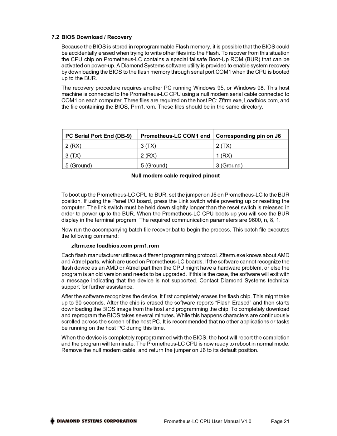 Diamond Systems Low-Power PC/104 CPU Board With ZFx86 Processor, PR-Z16-LC-ST user manual Bios Download / Recovery, Ground 
