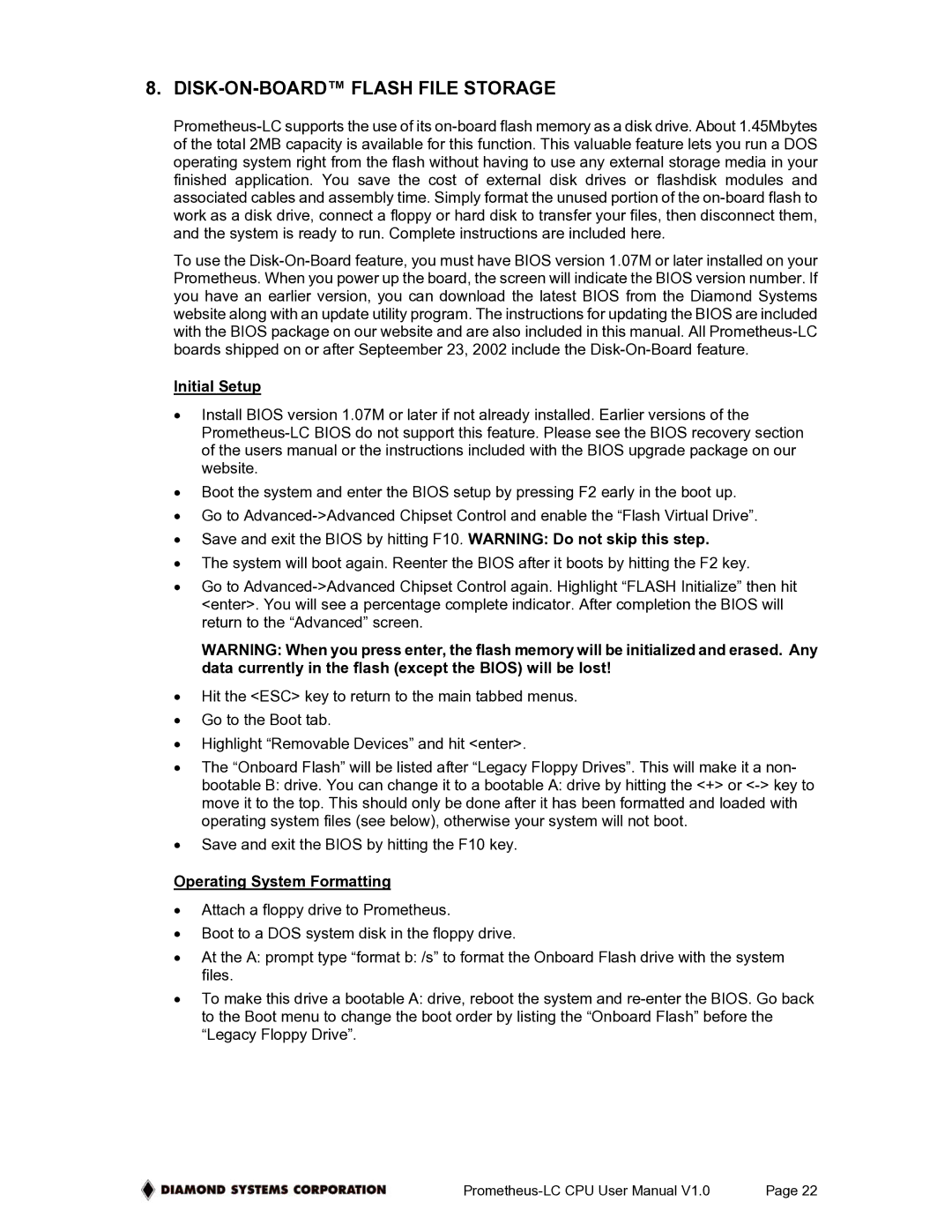 Diamond Systems PR-Z16-LC-ST user manual DISK-ON-BOARD Flash File Storage, Initial Setup, Operating System Formatting 