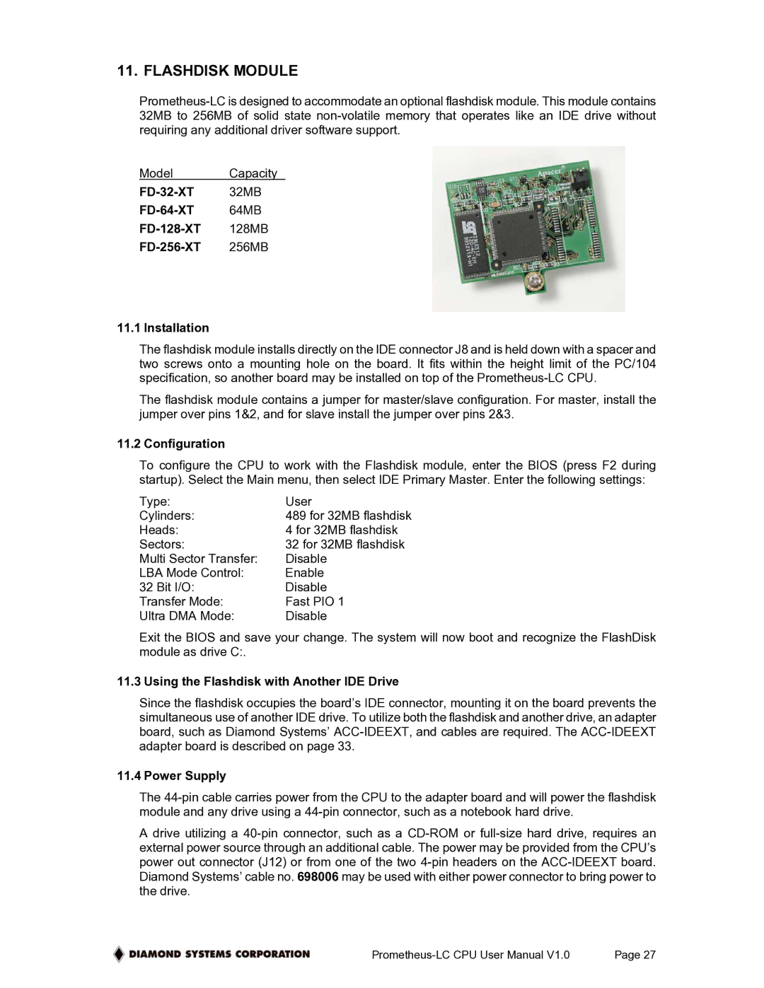 Diamond Systems Low-Power PC/104 CPU Board With ZFx86 Processor user manual Flashdisk Module, Configuration, Power Supply 