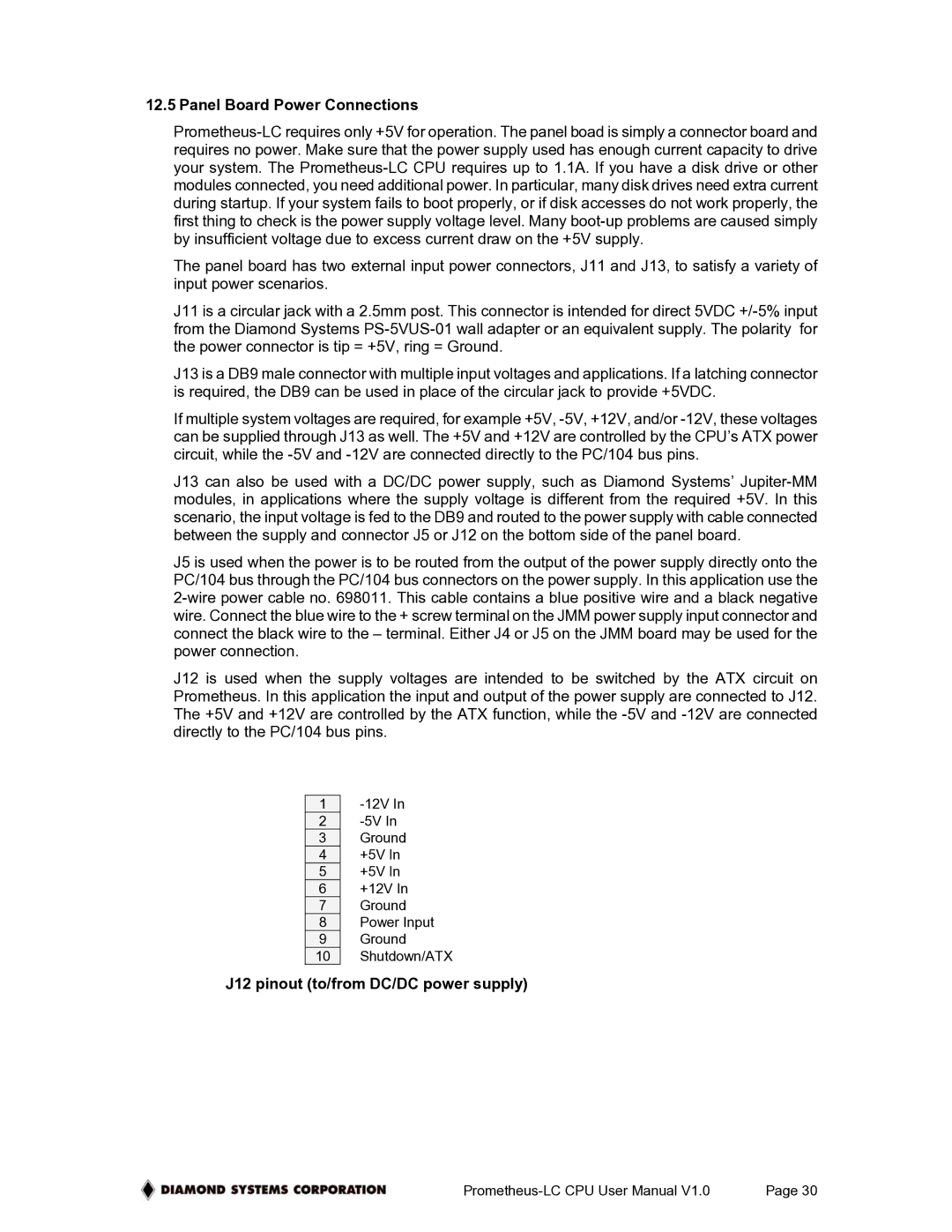 Diamond Systems PR-Z16-LC-ST user manual Panel Board Power Connections, J12 pinout to/from DC/DC power supply 