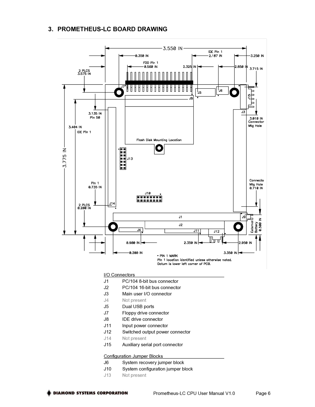 Diamond Systems PR-Z16-LC-ST, Low-Power PC/104 CPU Board With ZFx86 Processor PROMETHEUS-LC Board Drawing, J4 Not present 