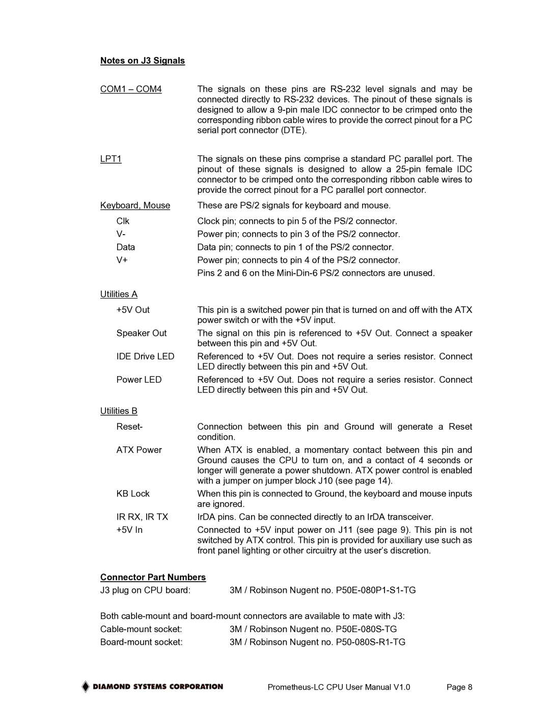 Diamond Systems PR-Z16-LC-ST, Low-Power PC/104 CPU Board With ZFx86 Processor user manual COM1 COM4, Connector Part Numbers 