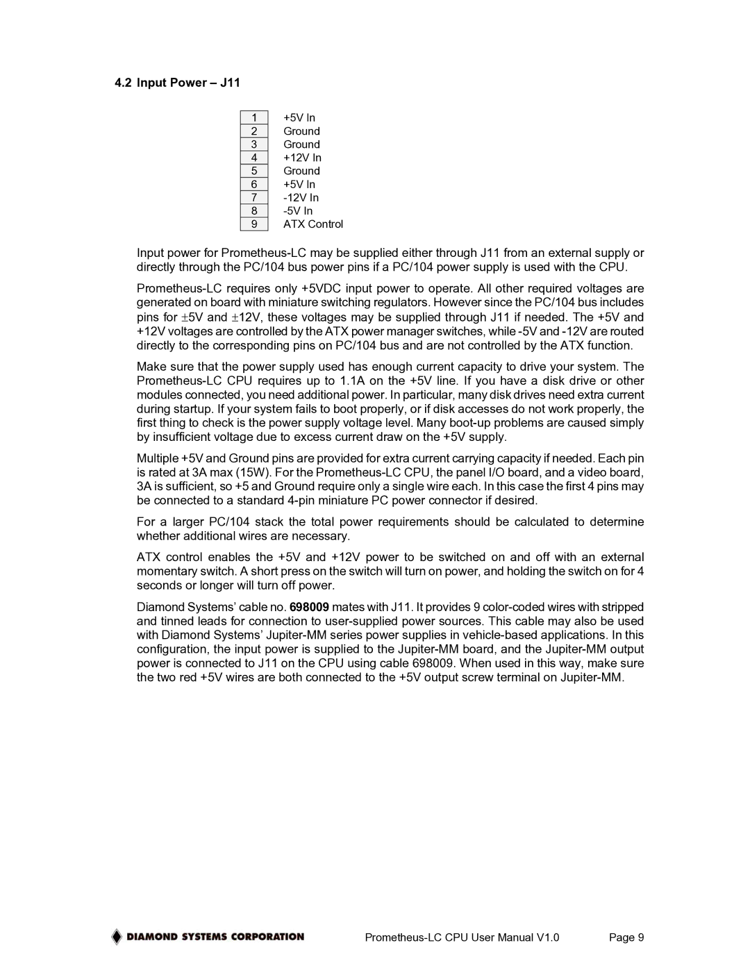 Diamond Systems Low-Power PC/104 CPU Board With ZFx86 Processor, PR-Z16-LC-ST user manual Input Power J11 