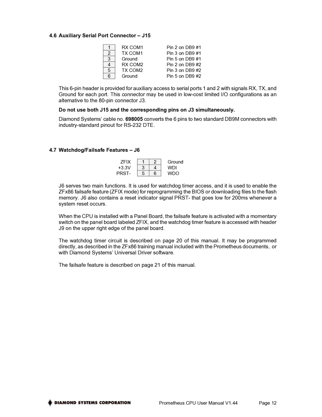 Diamond Systems PR-Z32-EA-ST, PR-Z32-E-ST user manual Auxiliary Serial Port Connector J15, Watchdog/Failsafe Features J6 