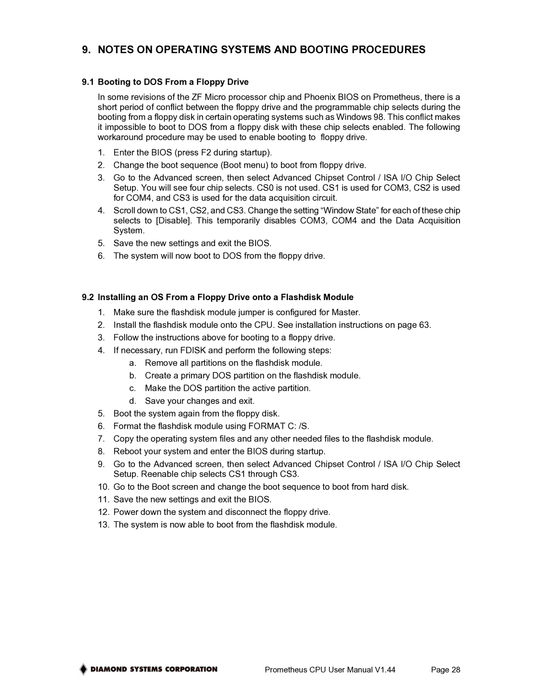 Diamond Systems PR-Z32-EA-ST, PR-Z32-E-ST user manual Booting to DOS From a Floppy Drive 