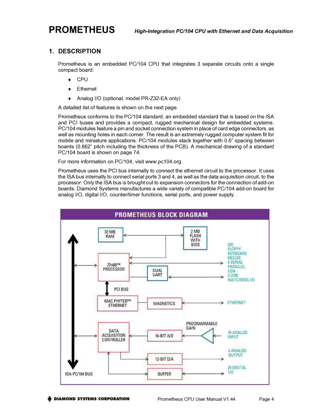 Diamond Systems PR-Z32-EA-ST, PR-Z32-E-ST user manual Description, Cpu 