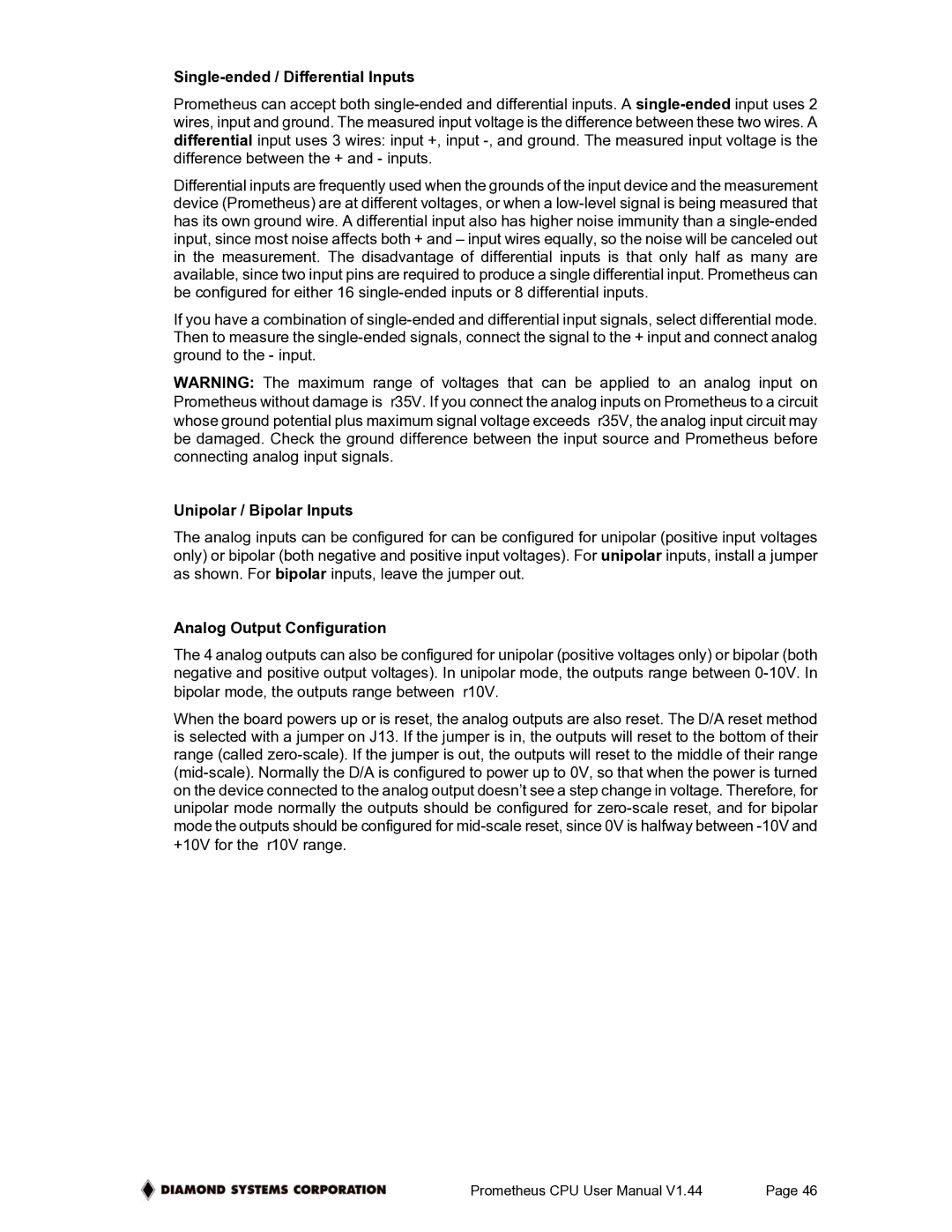 Diamond Systems PR-Z32-EA-ST Single-ended / Differential Inputs, Unipolar / Bipolar Inputs, Analog Output Configuration 