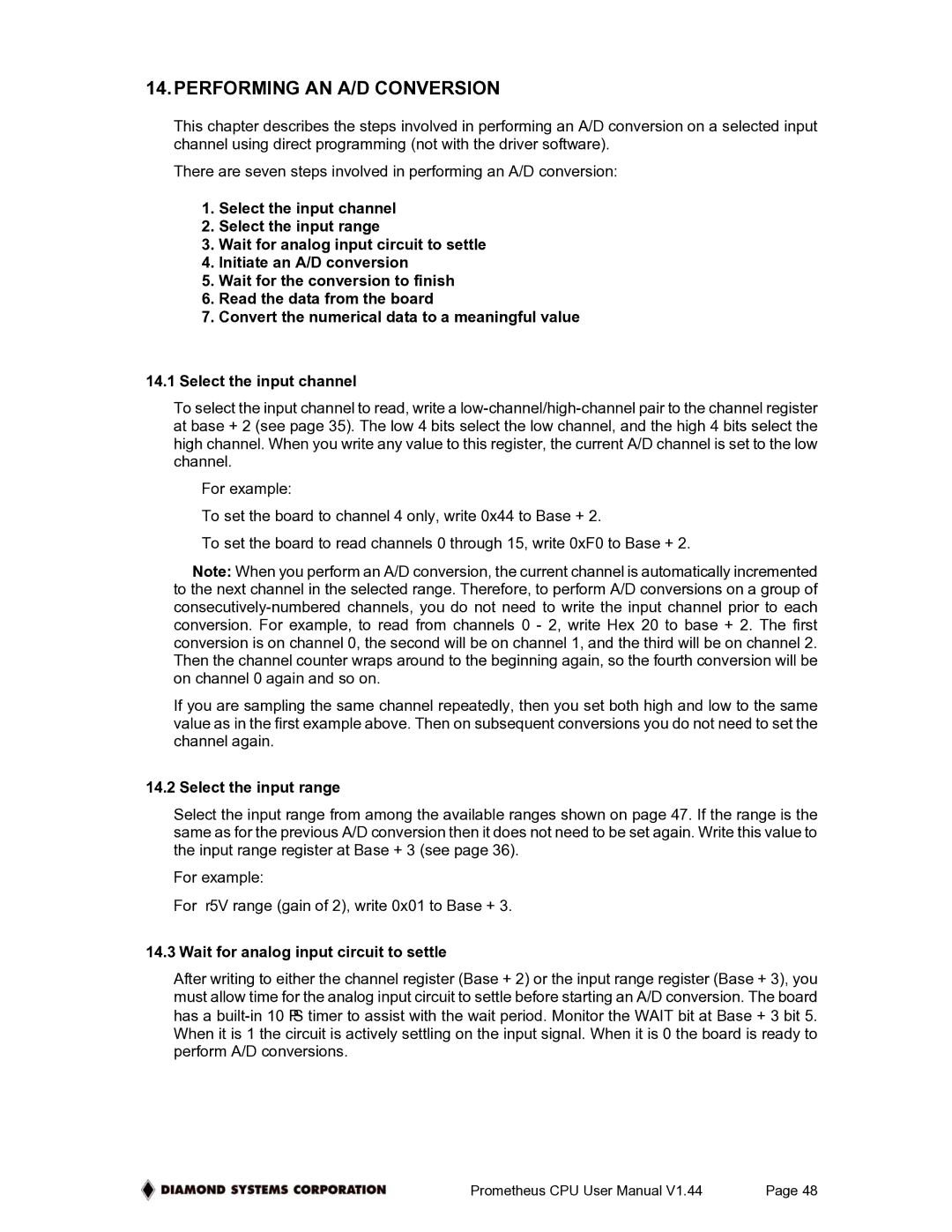 Diamond Systems PR-Z32-EA-ST, PR-Z32-E-ST user manual Performing AN A/D Conversion, Select the input range 