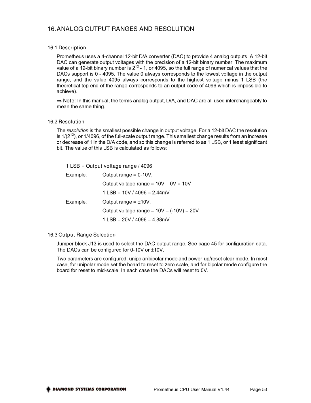 Diamond Systems PR-Z32-E-ST, PR-Z32-EA-ST Analog Output Ranges and Resolution, Description, LSB = Output voltage range 