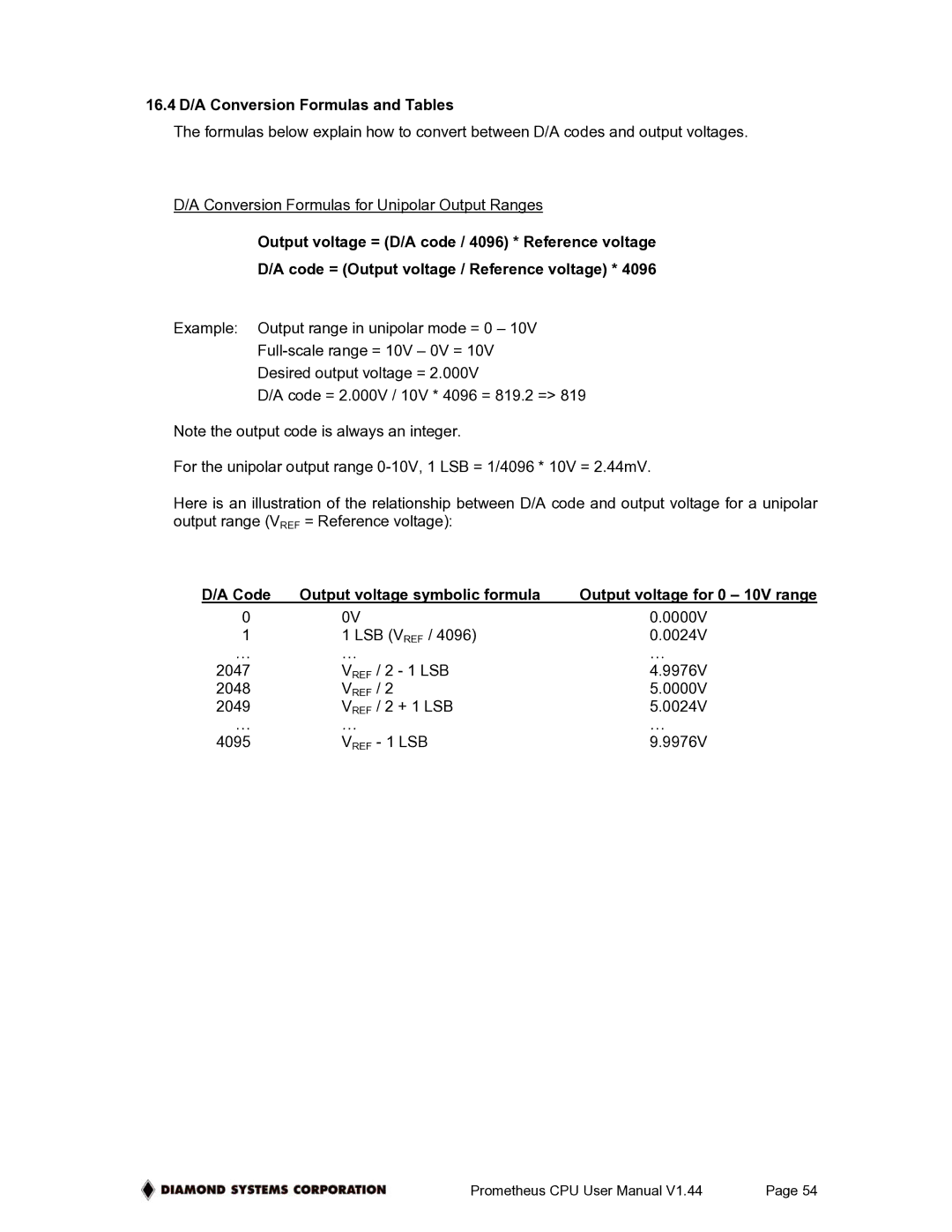 Diamond Systems PR-Z32-EA-ST, PR-Z32-E-ST user manual 16.4 D/A Conversion Formulas and Tables, REF 1 LSB 