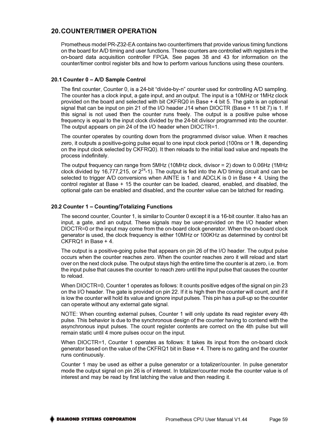 Diamond Systems PR-Z32-E-ST COUNTER/TIMER Operation, Counter 0 A/D Sample Control, Counter 1 Counting/Totalizing Functions 