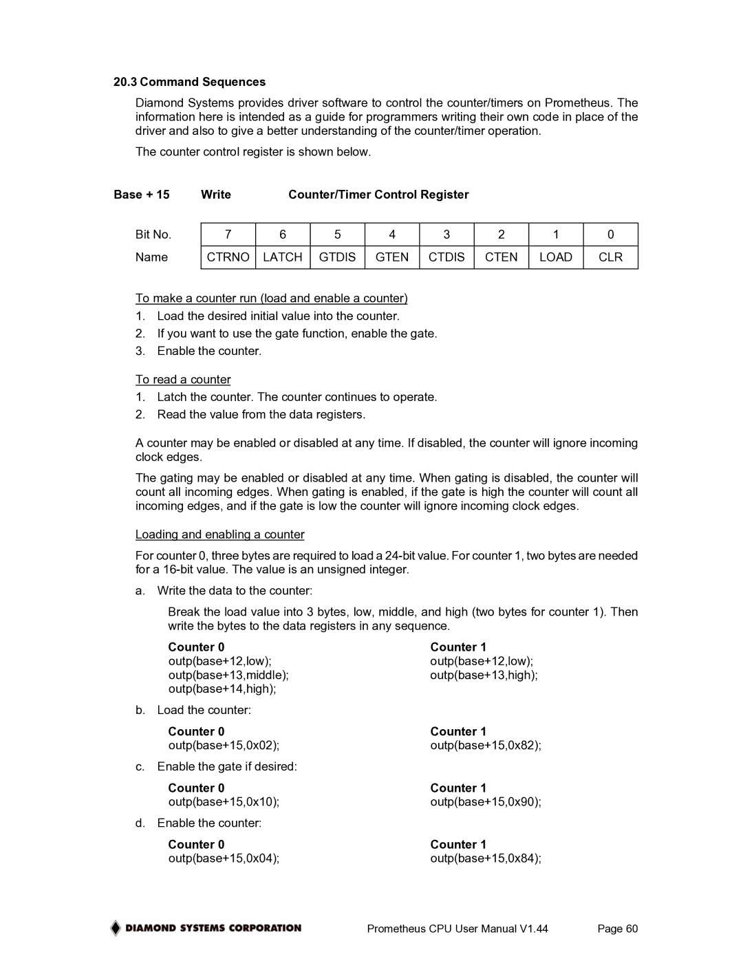 Diamond Systems PR-Z32-EA-ST, PR-Z32-E-ST user manual Command Sequences, Counter 