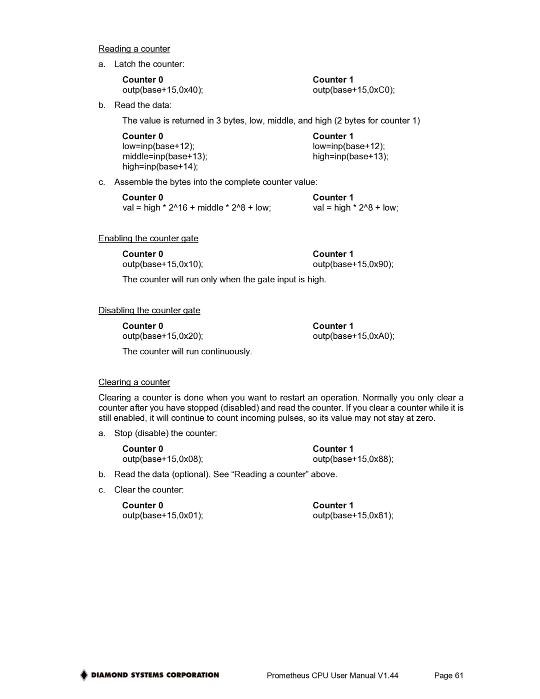 Diamond Systems PR-Z32-E-ST, PR-Z32-EA-ST user manual Counter Outpbase+15,0x01 Outpbase+15,0x81 